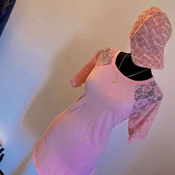 Zenana Pink Short Sleeve Shirt With Rose Lace Sleeves - Picture 2 of 16